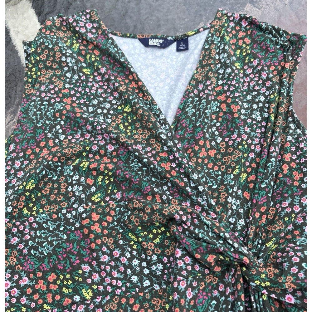 Lands End Dress Faux Wrap Brown Multicolor Floral Sleeveless Sz Large 14-16 - Picture 12 of 13